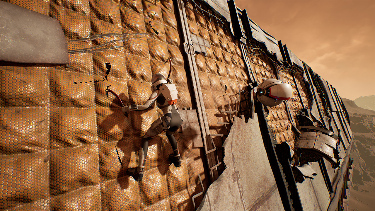 A screenshot from Deliver Us Mars. The main character is using a pair of ice picks to climb across the wreckage of a spaceship while her spherical robot companion watches.