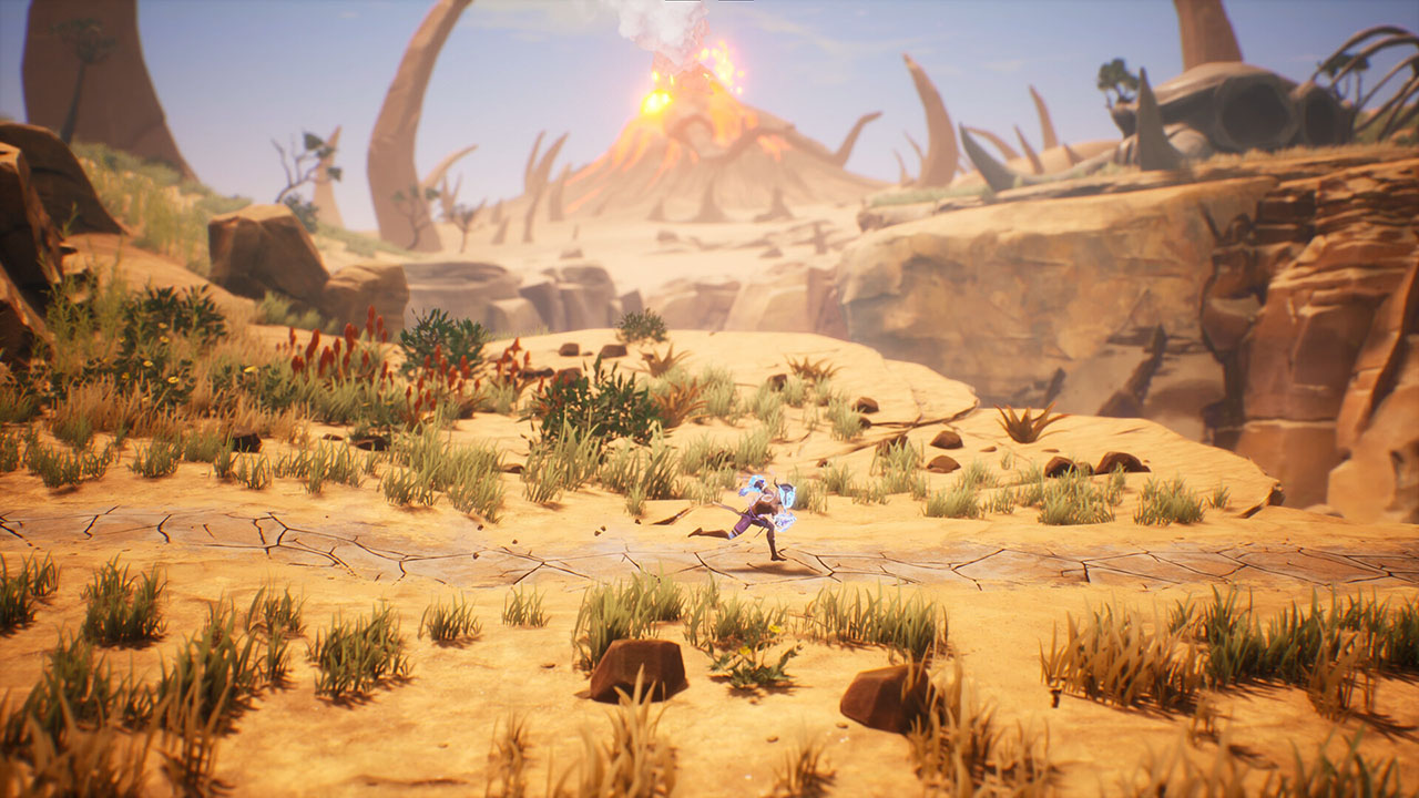 A screenshot of Zau running across a desert landscape with a volcano in the background.