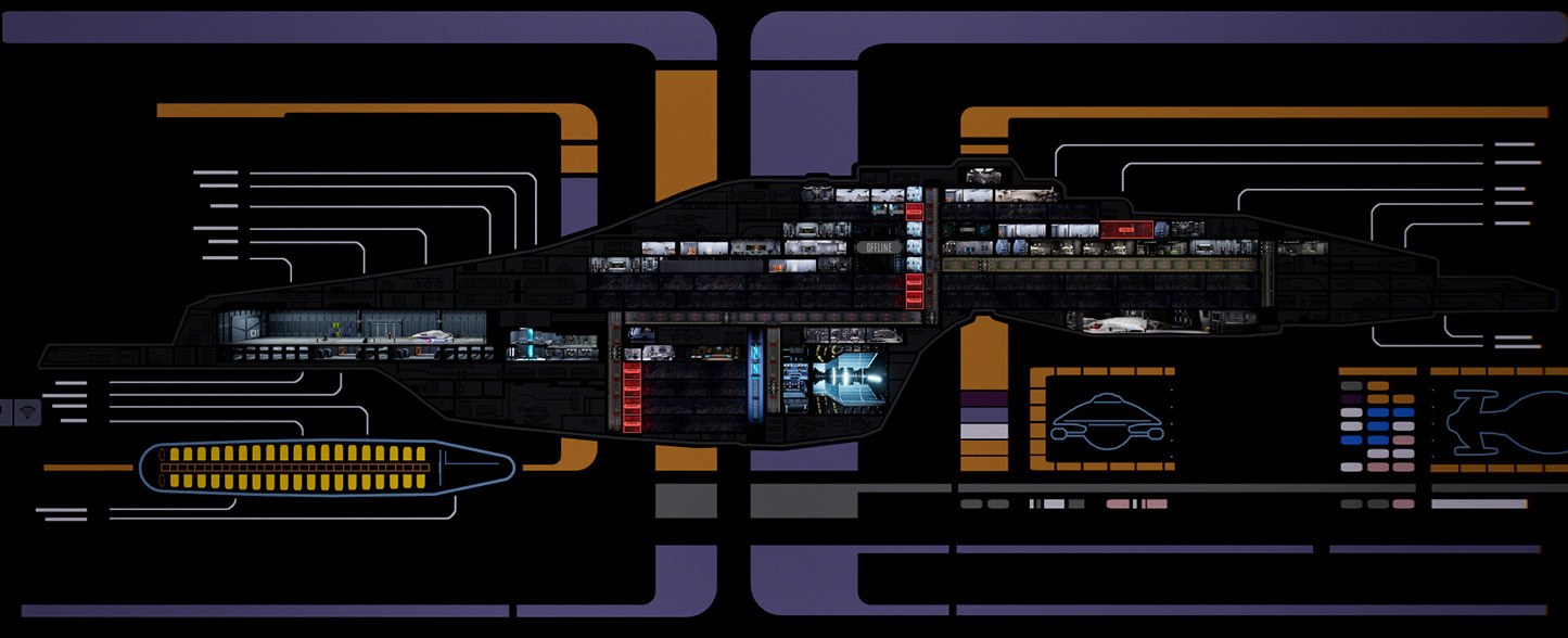 A side-on view of the starship Voyager, showing the various rooms.