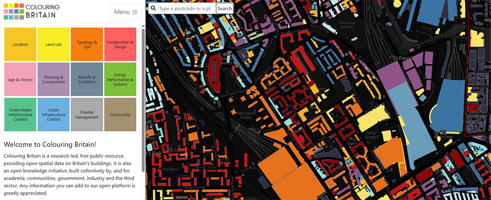 A screenshot of the Colouring
    Cities website. A colourful map takes up most of the screen, with a menu on the left, featuring large, colour-coded buttons
    representing the twelve main data categories.